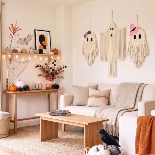 3 Pcs Halloween Ghost and Bat Wall Decor Set - Boho Spooky Indoor Outdoor