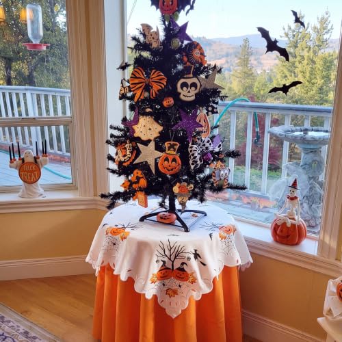 Halloween Embroidered Ivory Tablecloth 34 Inch - Spooky Pumpkin Bat Web