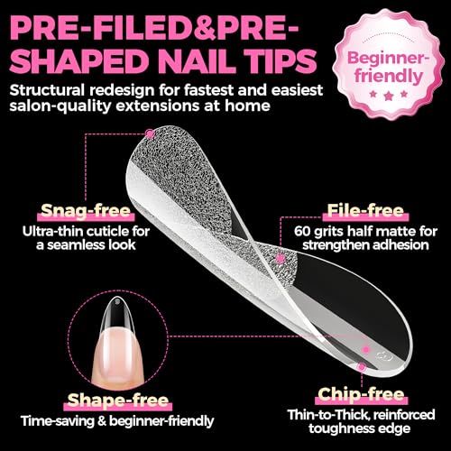 Almond Gel Nail Tips 504PCS - Pre-Etched Clear Fake Nails Set, A2 Medium Almond Variation