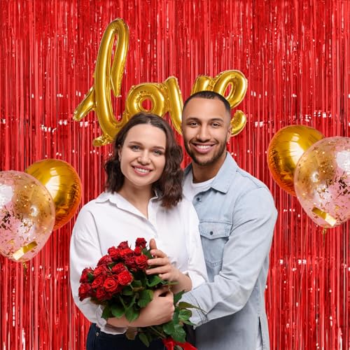 Red Foil Fringe Curtains for Party Backdrop - 8.2FT Thick Streamers, 2 Pack, 38.4W x 98.4L