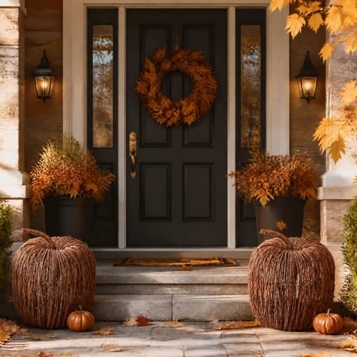 Artificial Wicker Pumpkin Decor Set - 12 x 10 Inches Farmhouse Fall Decoration - 2 Pieces