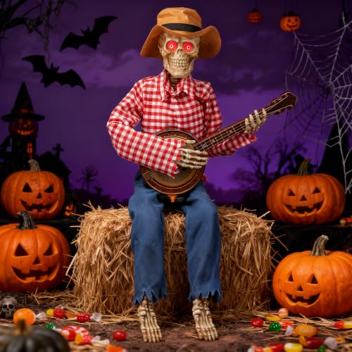 Halloween Animatronic Skeleton with Banjo - Light Up Eyes & Sound Activated, Funny Voice, Indoor Outdoor Decor - Variation of Banjo Playing Skeleton