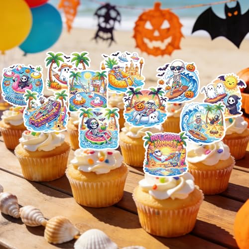 Summer Ween Cupcake Toppers 48PCS Halloween Party Decorations with Surfing Skeletons