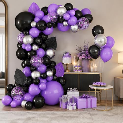 Black Purple Balloons Arch Kit - Metallic Silver Confetti Balloon Party Decorations - Variation: Purple Black