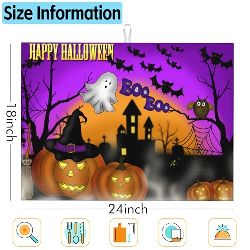 Halloween-3 Large Dish Drying Mat for Kitchen Counter, Scary Night Design, Super Absorbent Reversible Microfiber, 18x24 Inches