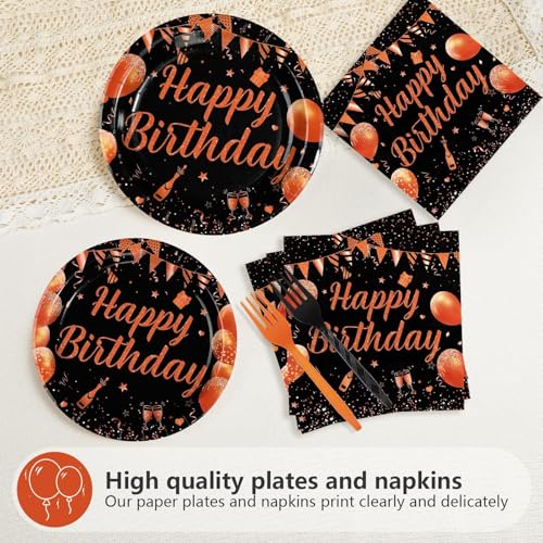 Orange Black Happy Birthday Party Plates & Napkins Set - Serves 24 - Variation: OrangeBlack Plates FF