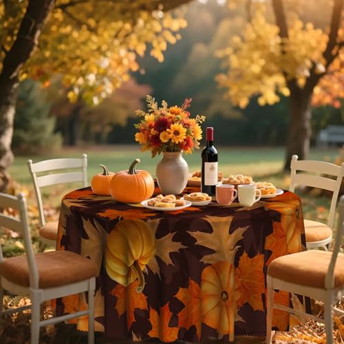 Pumpkin Fall Round Tablecloth 60 Inch - Autumn Thanksgiving Decor - Maple Leaf Black Variation