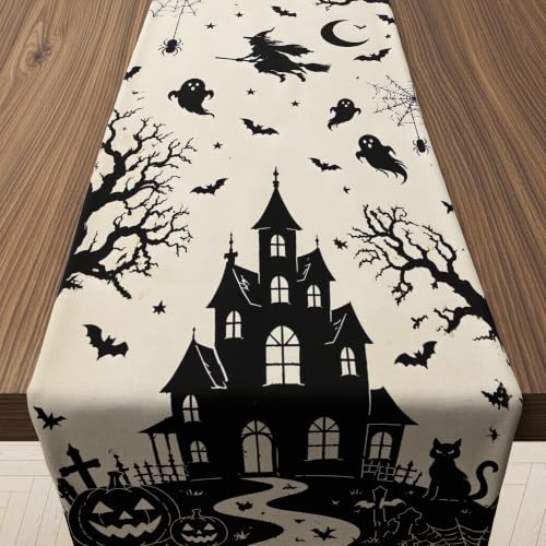 Halloween Haunted House Gothic Table Runner - Witch Ghost Bat Fall Decor - Variation of Halloween Haunted House