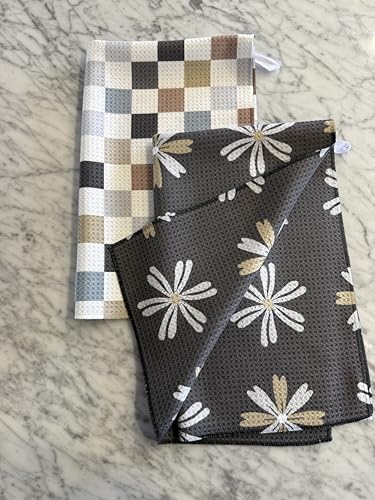 Microfiber Dish Towels Set - Gray Checkered Kitchen Towels 2 Pc - Absorbent & Double Sided with Hanging Loops