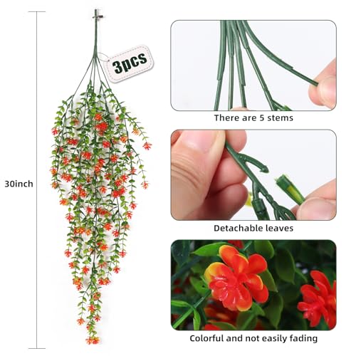 Artificial Hanging Plants Vines - Outdoor Greenery Decor - 30 Inch, Set of 3, Orange Red Variation