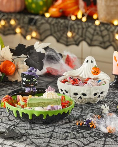 Halloween Cauldron Candy Bowl - Ceramic Black Cat, Purple Black Variation, 8 Inch