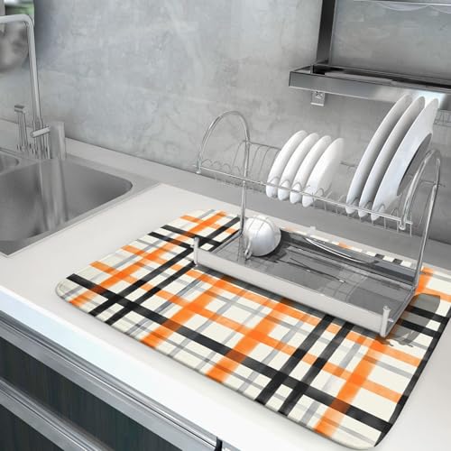 24 x 24 Inch Buffalo Plaid Dish Drying Mat - Fall Orange Black Reversible Microfiber Kitchen Decor
