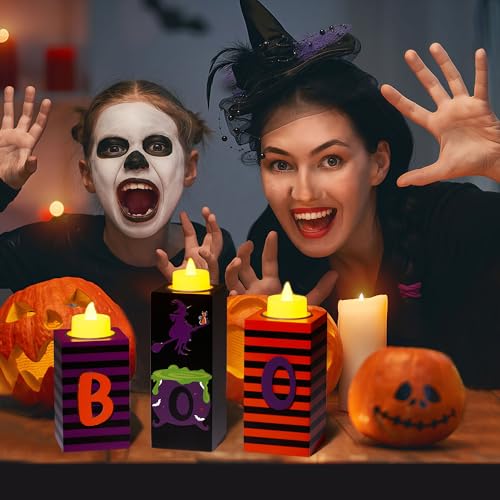 Halloween Wood Candle Holders Set - 3PCS with LED Tea Lights & 3D Carving - Witch Color