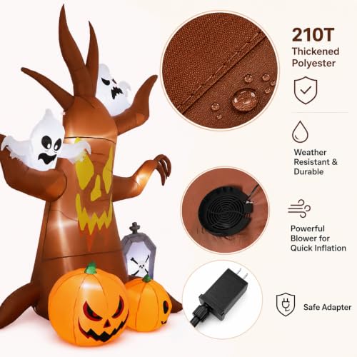 8ft Halloween Inflatable Ghost Tree Decoration with Pumpkins and Tombstone - Waterproof & LED Lighted Yard Decor