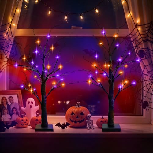 Indoor Halloween Tree Decorations 2 Pack - 24 Inch Black Lighted Trees with Orange & Purple Lights - Variation of Halloween Tree