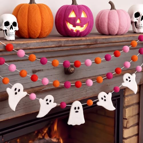 Halloween Felt Ghost Garland - 8.2ft Felt Ball Banners for Party Decoration, Variation of Ghost & Red Pink