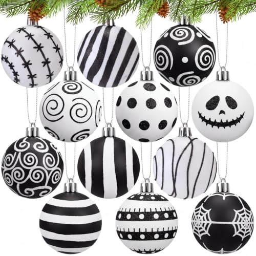 Halloween & Christmas Ball Ornaments Set - 12 Black and White Decorative 2.36 Inch