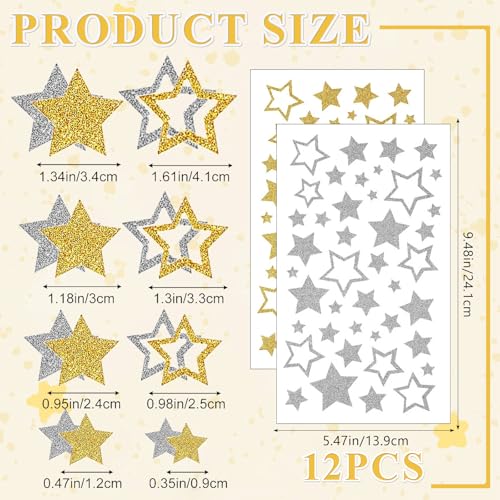 Gold and Silver Glitter Star Stickers - 12 Sheets for Party Wedding Christmas