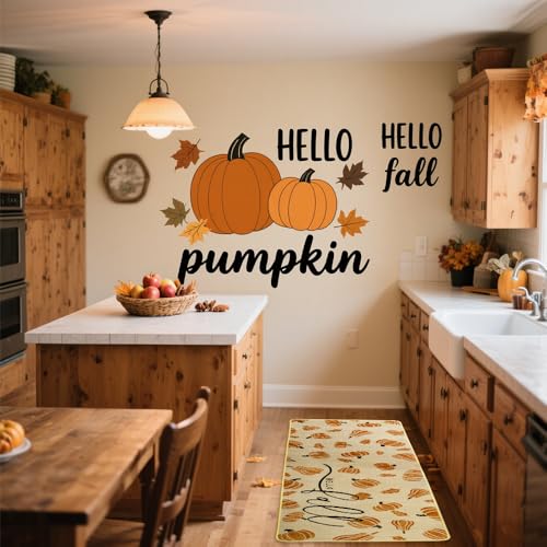 Hello Pumpkin Autumn Kitchen Rugs Set of 2 - Fall Leaves Decor, Orange Variation