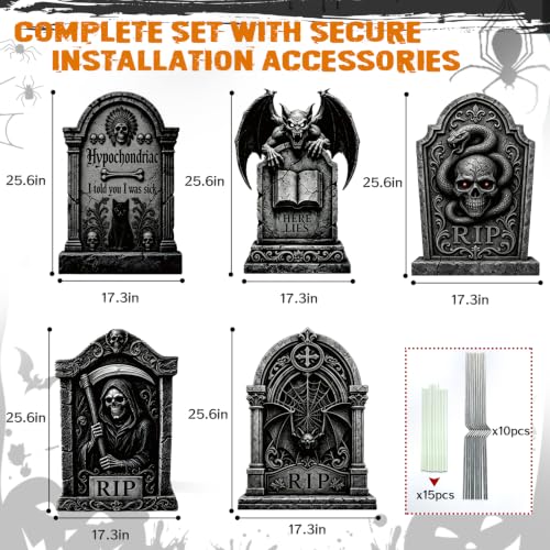 Halloween Tombstone Yard Decorations 5 Pack - 25.6 Inch Plastic Gravestones with Metal Stakes for Outdoor Cemetery Scene