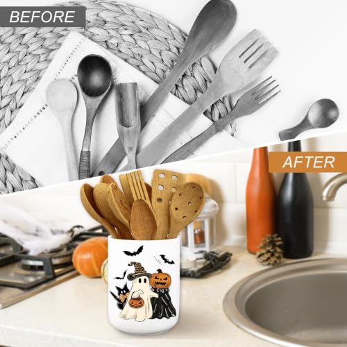 Halloween Ceramic Utensil Holder Pumpkin Ghost Vintage Kitchen Organizer