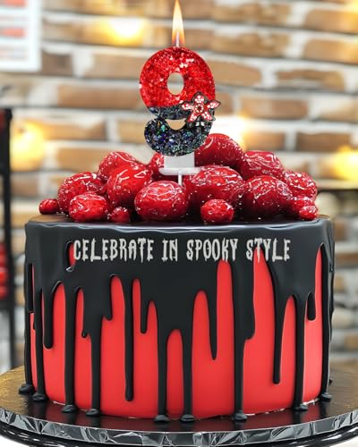 Red & Black Glitter Birthday Number Candle - 9 - Retro Sci-Fi Halloween Party Decor