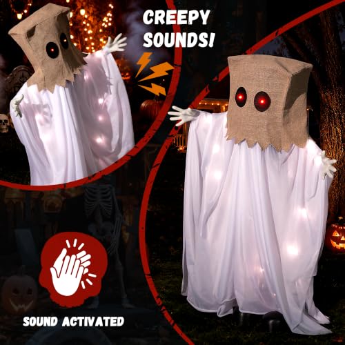 Halloween Animatronic Sack Ghost Decoration - Swinging Arms, Light Up Eyes - White - 35" - Sound Activated, Creepy Haunted House Decor