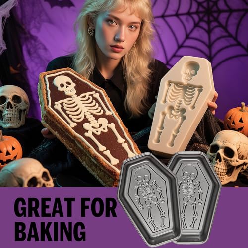 2 Pack Halloween Coffin Cake Pans with Skeleton Pattern, 10 Inch Non-Stick Bakeware