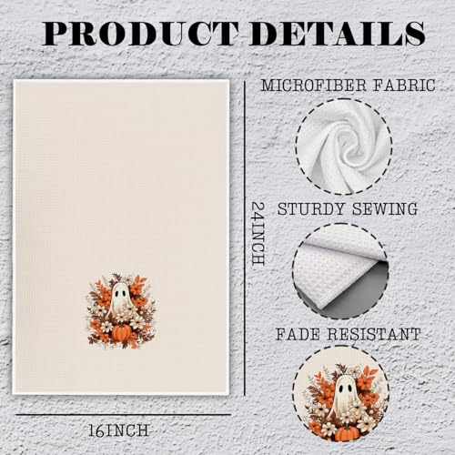 Halloween Fall Kitchen Towels with Rustic Floral Pumpkin Ghost Design - Section 9 - 16x24 Inch