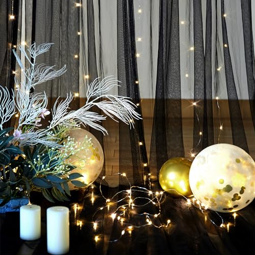 Black Sheer Backdrop Curtains with String Lights for Parties & Photos 10x15ft - 2 Panels