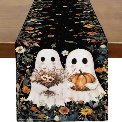 Halloween Ghost Table Runner - 13x90 Inches Fall Decor with Pumpkins & Ghosts, Variation of Two Cute Ghosts