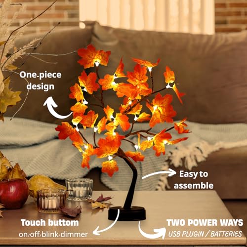 2 Pack 20-Inch Lighted Artificial Maple Trees for Fall & Thanksgiving Decor - Battery & USB Operated
