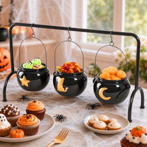 Halloween Ceramic Witches Cauldron Bowls Set - Gold Accented Party Decor, 3 Pack