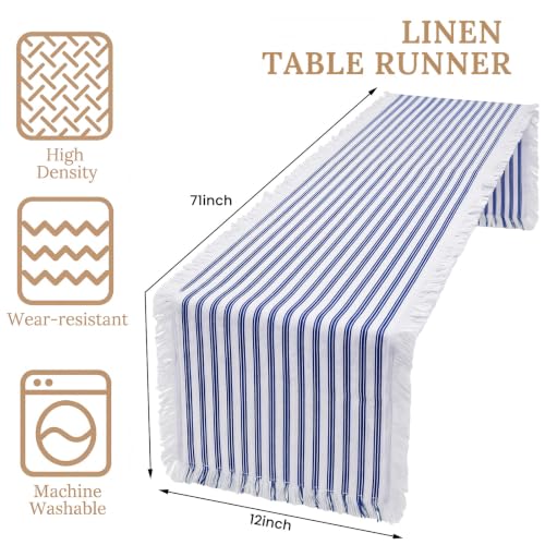 Blue Striped Table Runner 71x12 Inch Rustic Fringe Cotton Linen Decor