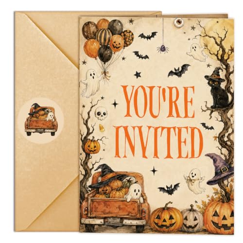 Halloween Party Invitations Kids - Truck Design, 25 Set with Envelopes & Stickers
