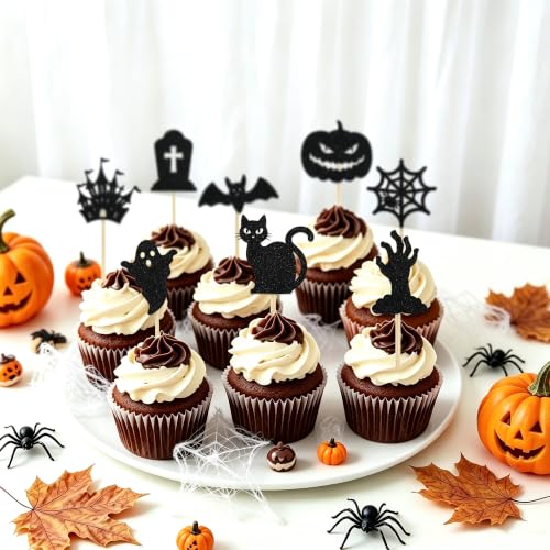Halloween Cupcake Toppers - 30 Pcs Black Glitter Cake Decorations - Variation of THIS listing