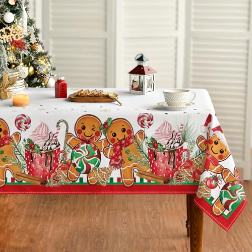 Christmas Tablecloth 60 x 104 Inches Rectangular Gingerbread Man White Red - Holiday Decor