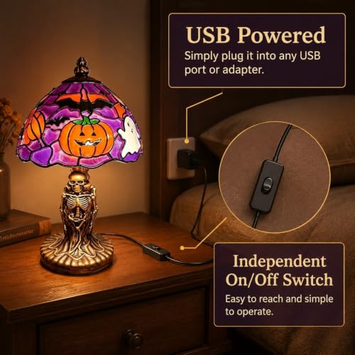 Skeleton Table Lamp - Handcrafted Halloween Painted Lamp with Bat and Pumpkin Motif