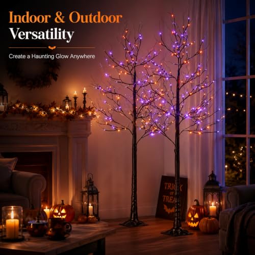 6FT LED Lighted Halloween Tree 2-Pack with Orange & Purple Lights - Indoor Outdoor Decor