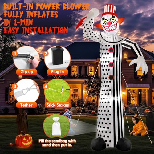 12Ft Giant Creepy Clown Halloween Inflatable with LED Lights for Outdoor Yard Decor