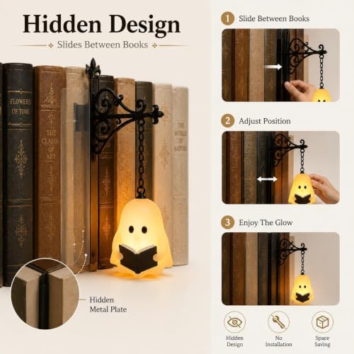 Ghost Bookshelf Light - 3D Reading Book Lamp for Book Nook & Halloween Decor
