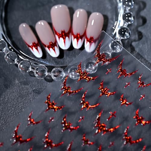 Halloween Nail Stickers Set with 3D Red Bat Glitter Decals for Nail Art