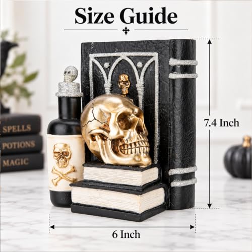 Gothic Gold Skull Book Decor - Halloween Skull Statue, Tabletop Figurine