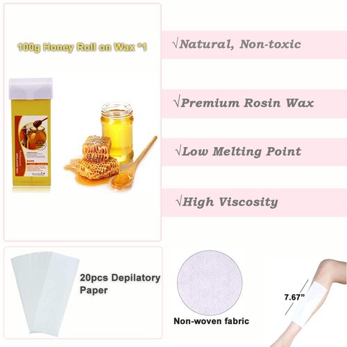 Nynelly Depilatory Roll on Wax Warmer Kit, Portable Hair Removal Epilator Machine Set for Women Men - Leg, Bikini, Armpit (Heater 1, Wax 1, 20 Strips)