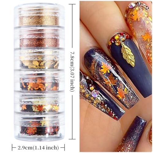6Grids Fall Nail Glitters 3D Gold Maple Leaf Nail Sequins with Glitter Powder - Design 6