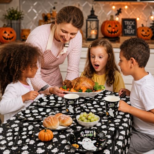 Halloween Ghost Paper Plate & Napkin Set - Black Ghost Variation, 168 Pieces for 24 Guests