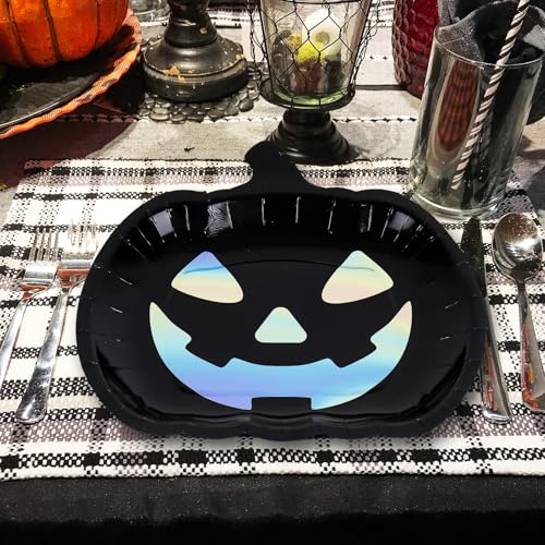 Halloween Iridescent Black Pumpkin Paper Plates 40-Pack - Spooky Party Tableware