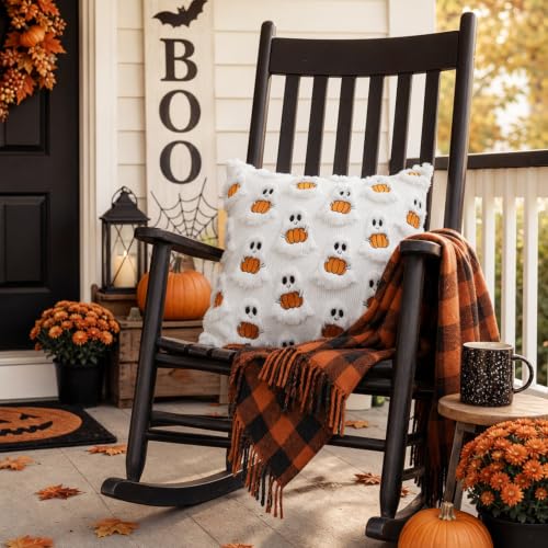 Halloween Pillow Covers 18x18 Inches - 2 Pack Ghost Pumpkin Plush Cushion Covers - Orange