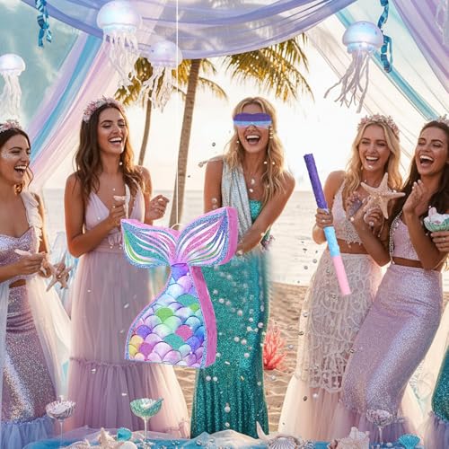 Mermaid Piñata Set with Blindfold and Stick - Under the Sea Birthday Party Decoration - Mermaid Tail Design - 16.14 x 12.20 Inches - Variation: Mermaid