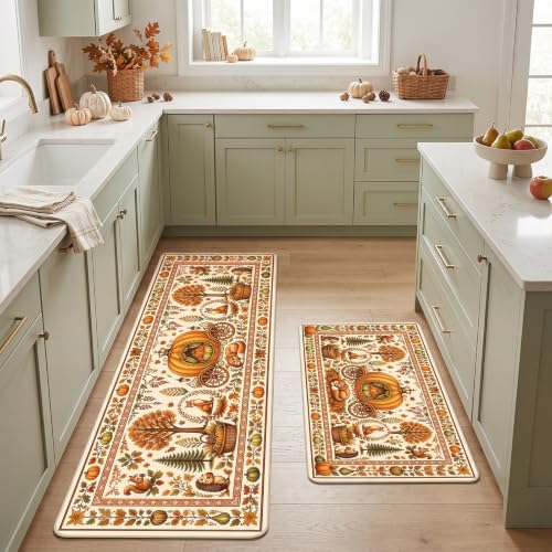 Orange Fall Pumpkin Carriage Kitchen Mat - Autumn Decor, Non-Slip, Washable